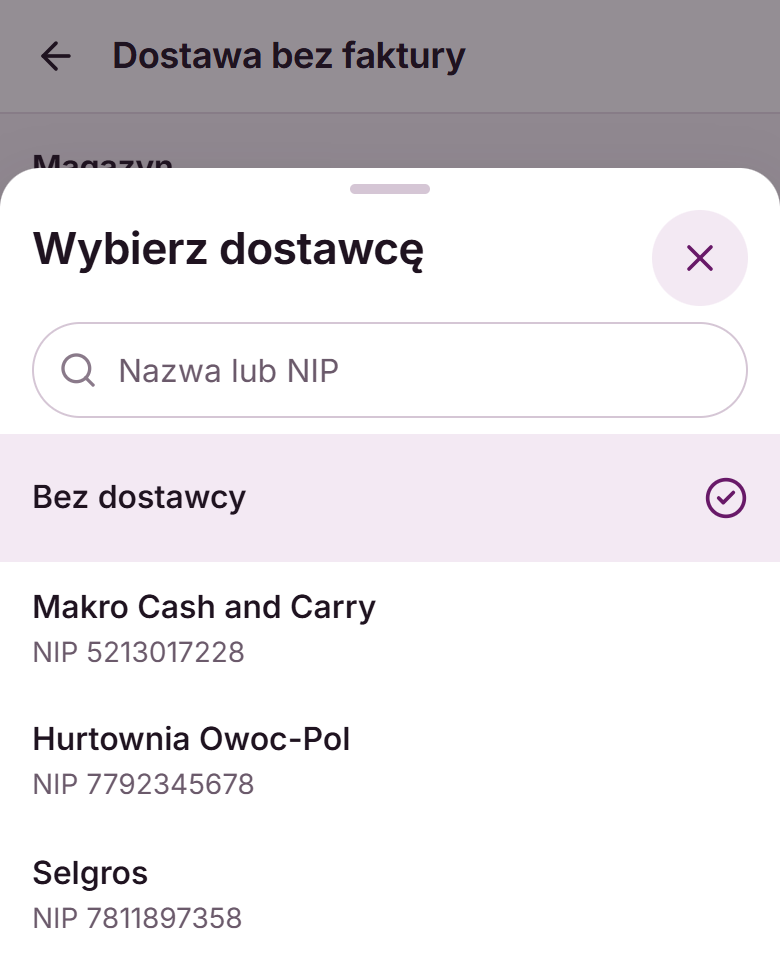 Wybór dostawcy: wyszukiwarka po nazwie lub NIP, opcja Bez dostawcy i lista dostawców z NIP-ami