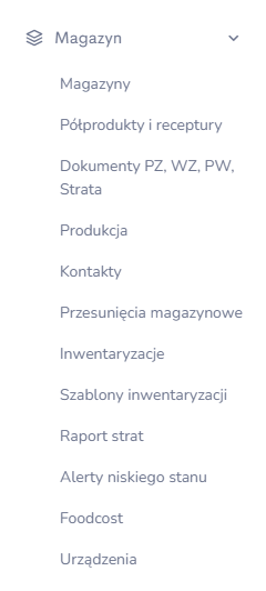 Sekcja Magazyn w menu bocznym