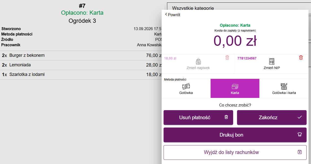 Opłacony rachunek: kafelek z napiwkiem jest wyszarzony