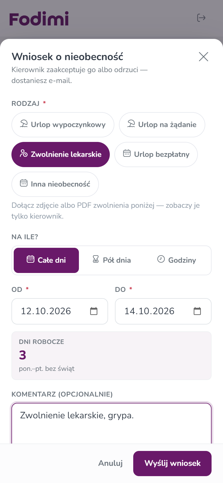 Wniosek o nieobecność — Zwolnienie lekarskie od 12.10 do 14.10.2026, 3 dni robocze