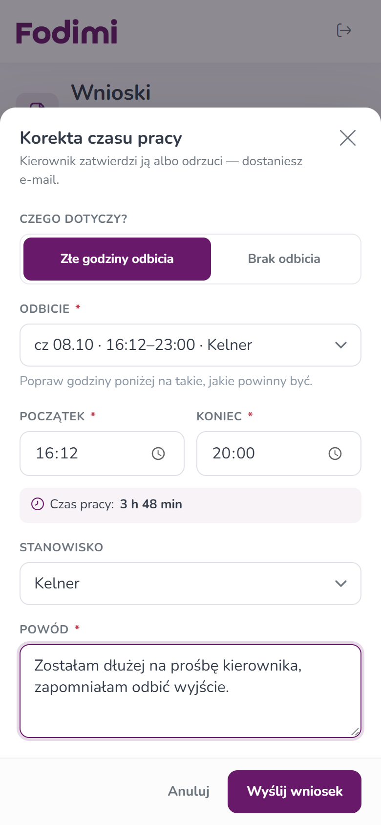 Formularz Korekta czasu pracy — Złe godziny odbicia, wybrane odbicie 8.10, nowy koniec 20:00 i powód