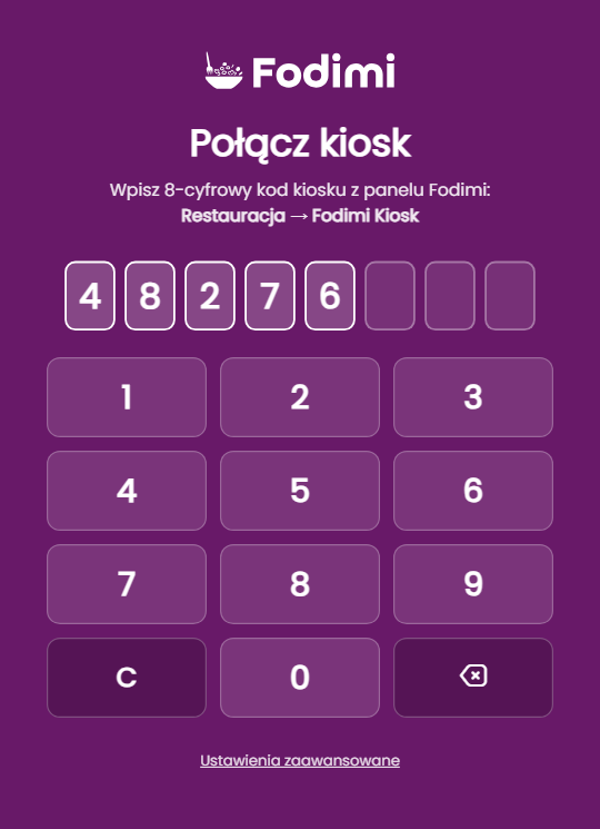 Ekran łączenia aplikacji Fodimi Kiosk