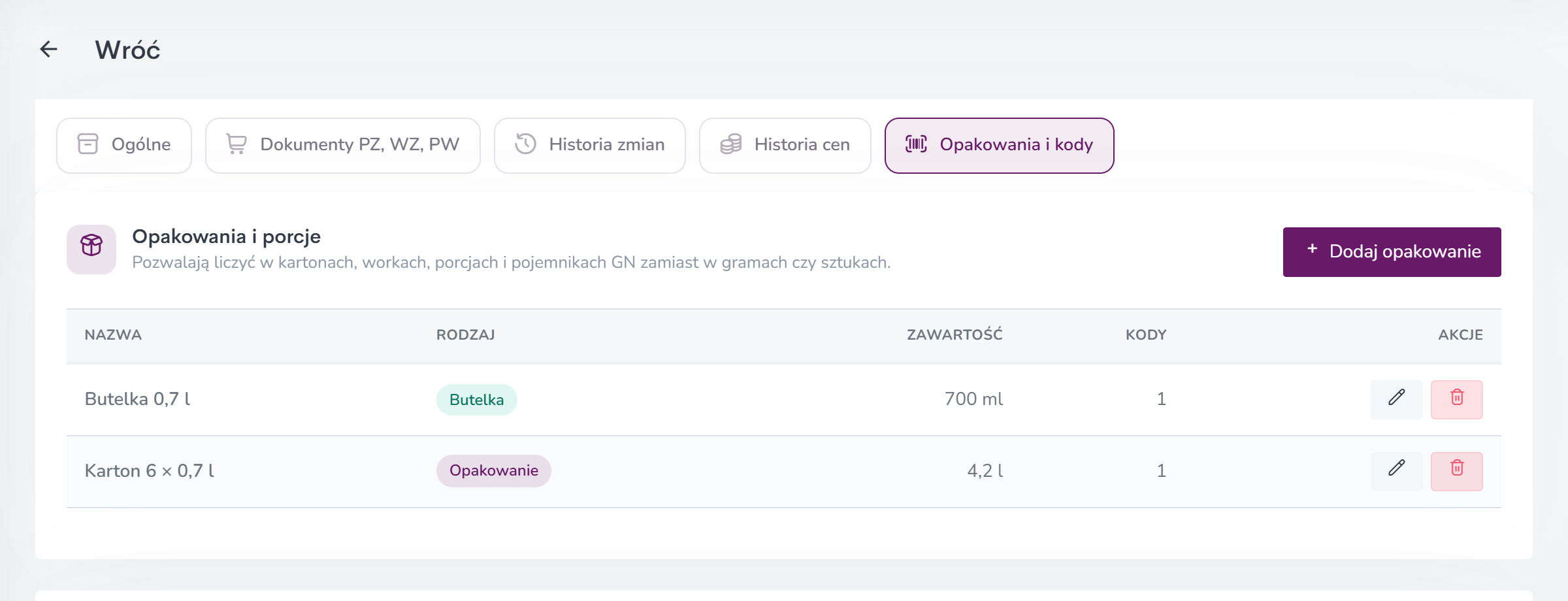 Zakładka „Opakowania i kody” w szczegółach półproduktu
