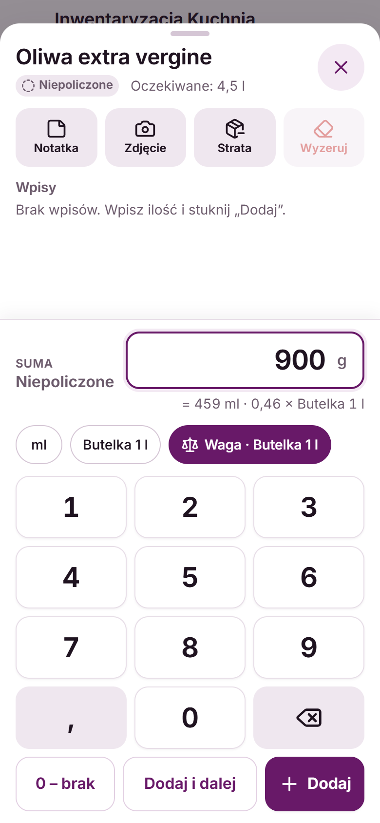 Tryb ważenia dla oliwy: wpisane 900 g i podgląd 459 ml, czyli 0,46 butelki