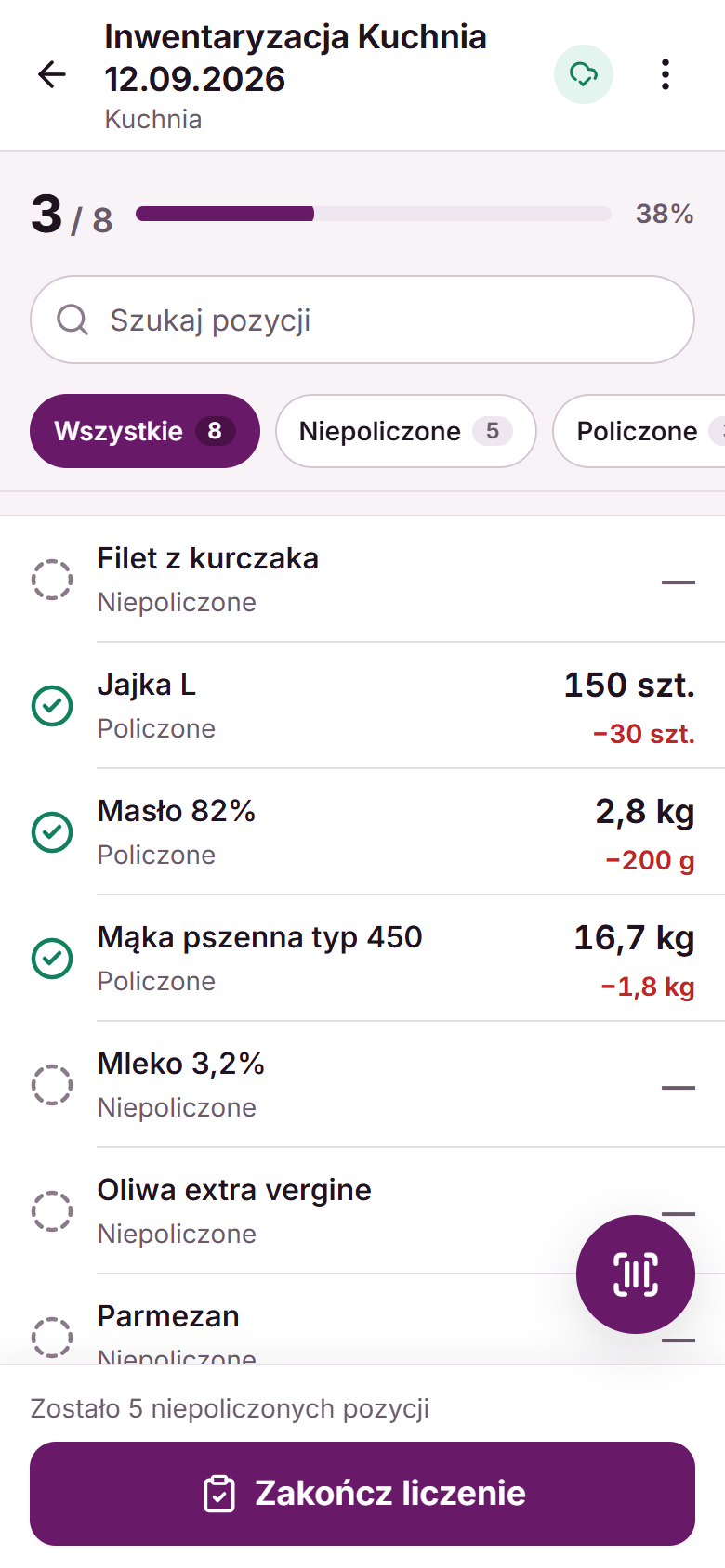 Ekran liczenia: postęp 3 z 8, wyszukiwarka, filtry i lista składników z ilościami