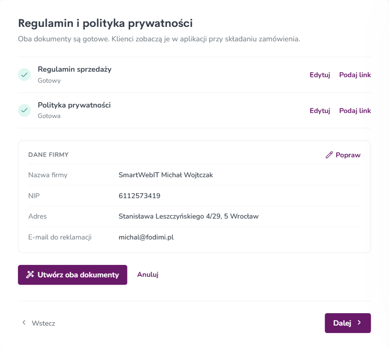 Dane firmy i przycisk tworzenia dokumentów