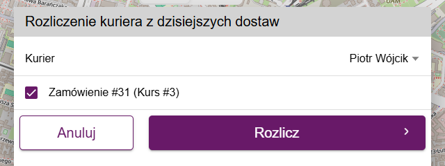 Okno rozliczenia kuriera z zaznaczoną dostawą