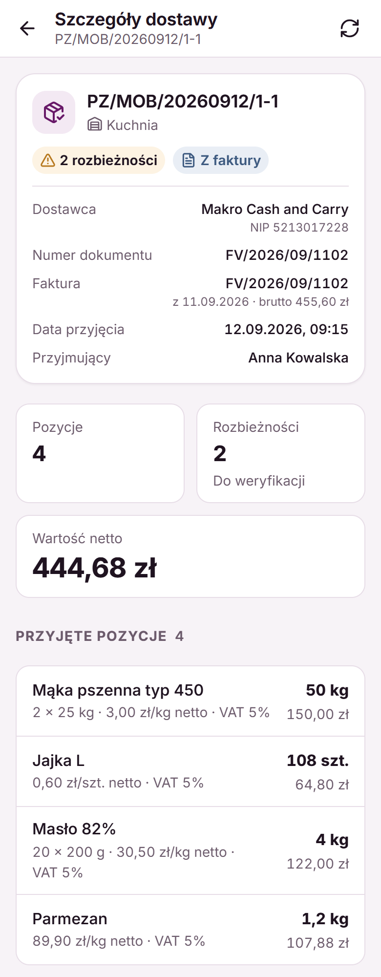 Szczegóły dostawy: dostawca z NIP, numer dokumentu, faktura, data przyjęcia, kafelki pozycji i rozbieżności, wartość netto i lista przyjętych pozycji