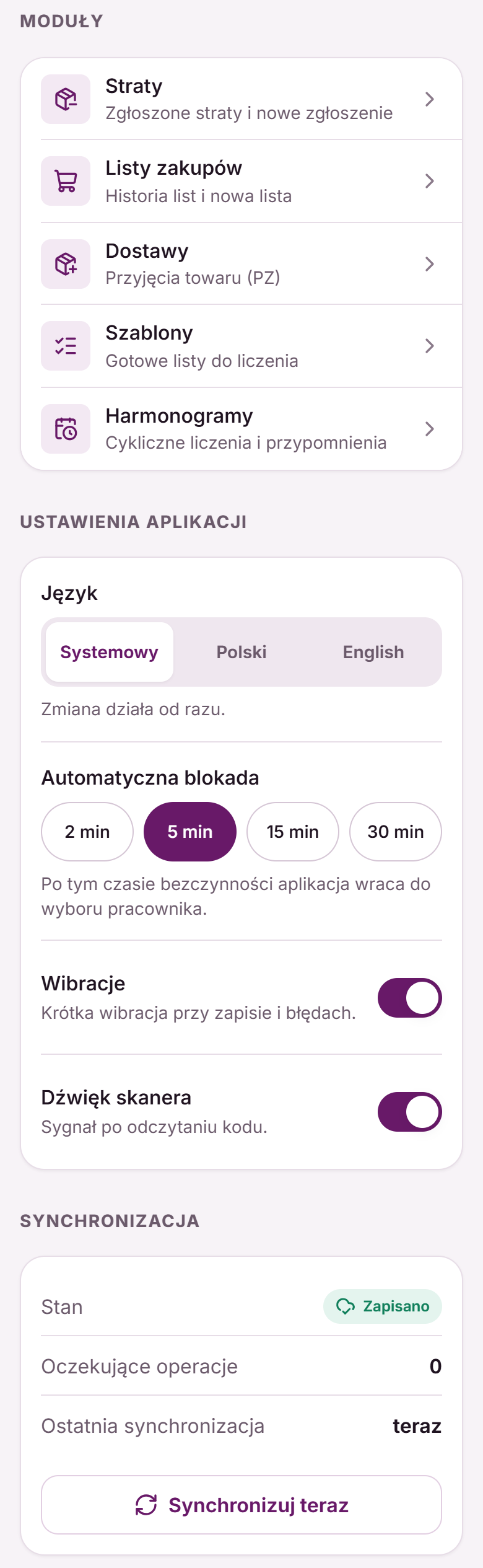Zakładka Więcej: moduły Straty, Listy zakupów, Dostawy, Szablony i Harmonogramy, ustawienia aplikacji i synchronizacja