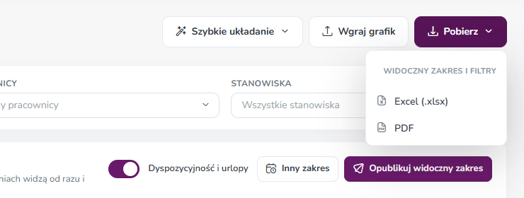 Rozwinięte menu Pobierz z opcjami Excel (.xlsx) i PDF