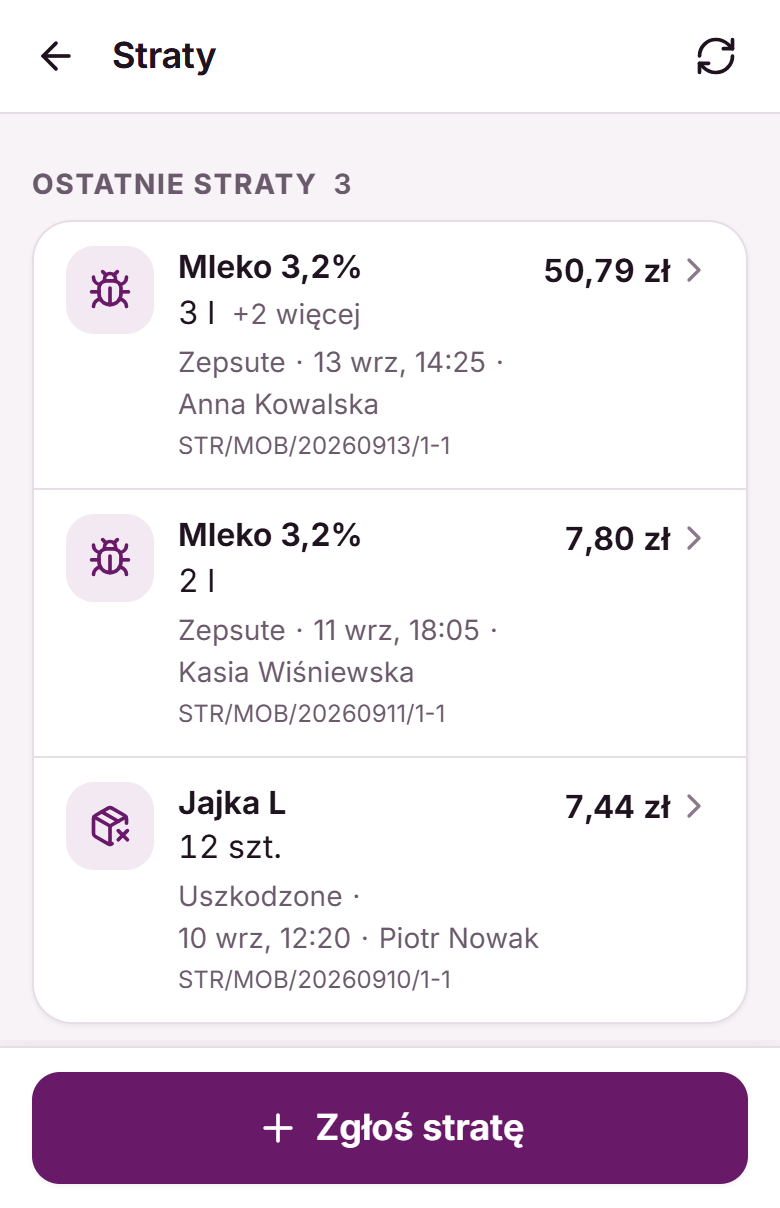 Lista Ostatnie straty z trzema zgłoszeniami, powodami, autorami i wartościami