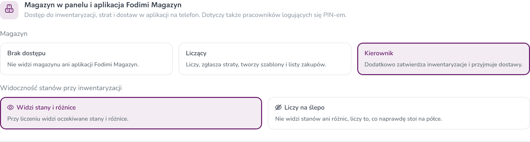 Sekcja magazynu: poziomy Brak dostępu, Liczący i Kierownik oraz widoczność stanów