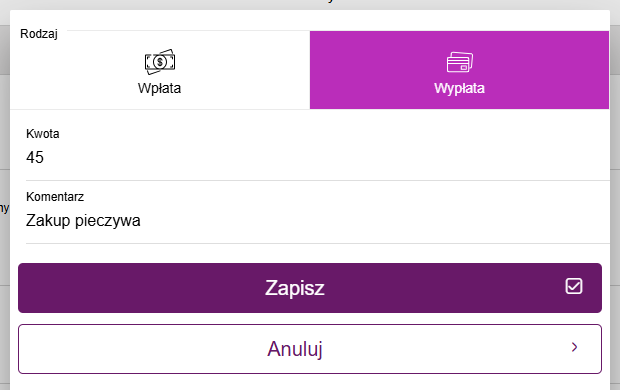 Okno KP / KW z wypłatą 45 zł na zakup pieczywa
