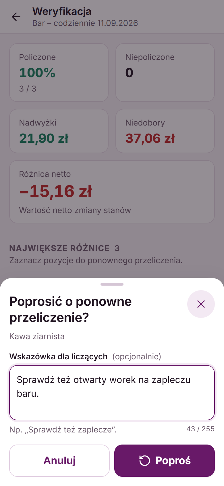 Okno „Poprosić o ponowne przeliczenie?” ze wskazówką dla liczących