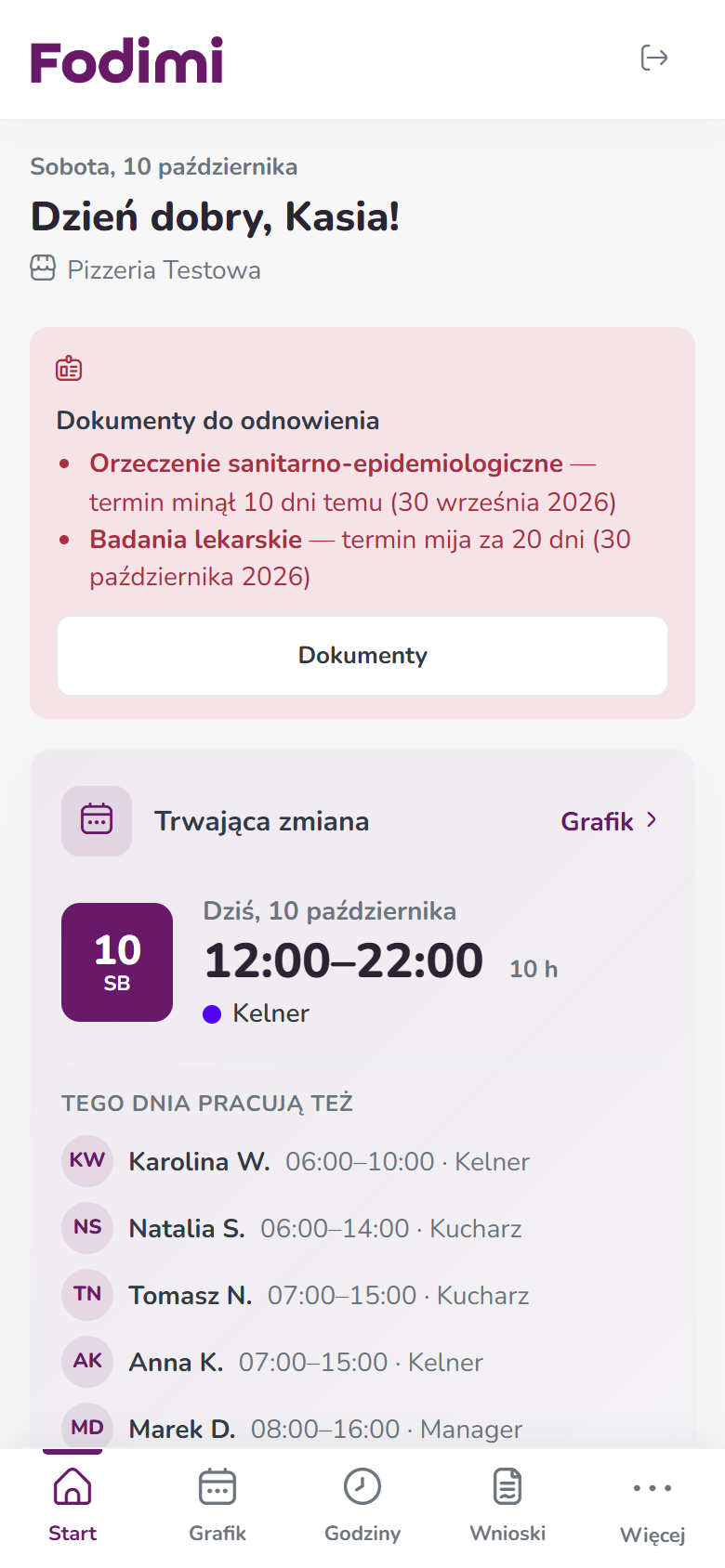 Ekran Start panelu pracownika na telefonie — powitanie, alert o dokumentach i trwająca zmiana