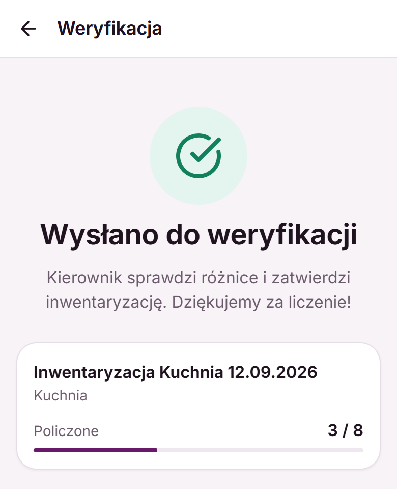 Ekran „Wysłano do weryfikacji” z kartą inwentaryzacji i postępem 3 z 8