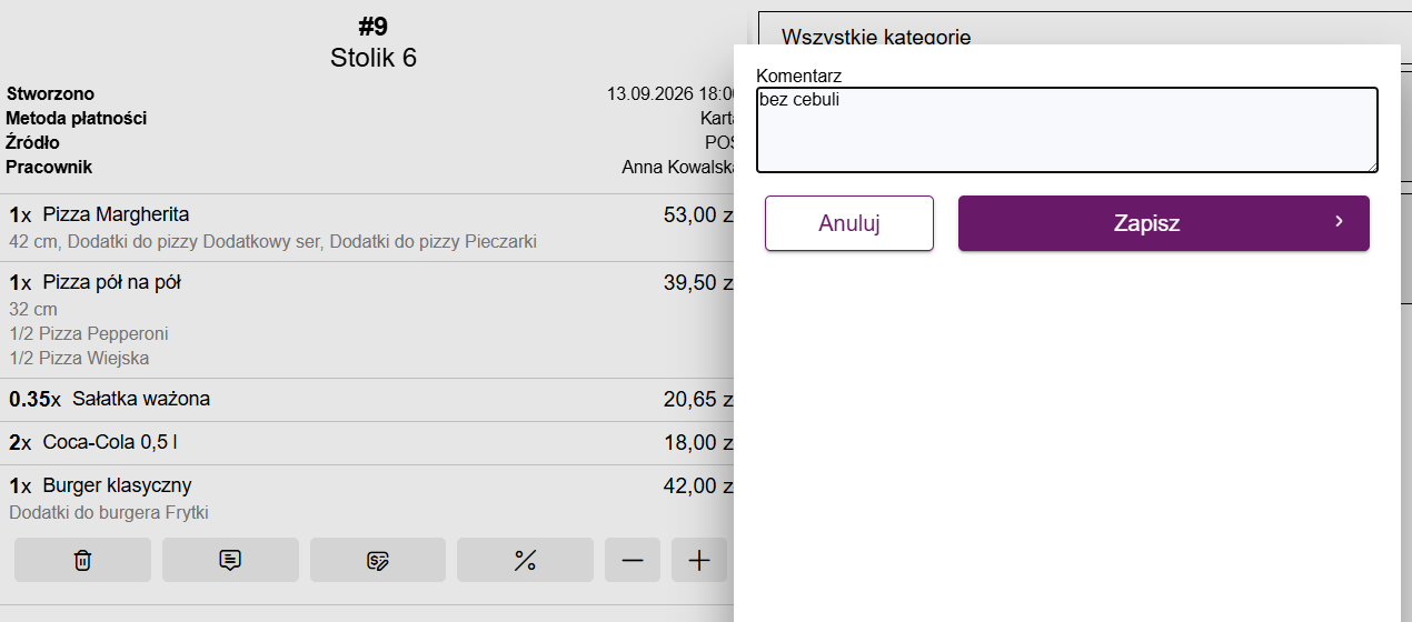 Okno Komentarz z treścią „bez cebuli”