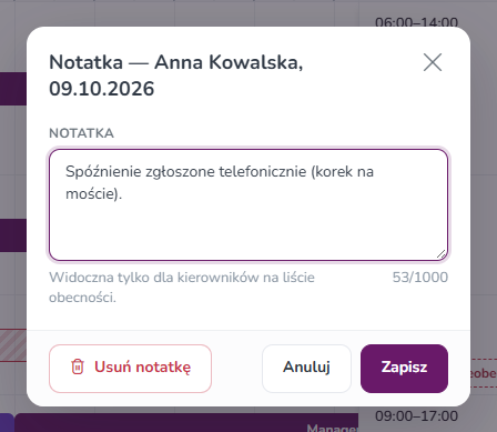 Okno Notatka – Anna Kowalska z treścią notatki i przyciskiem Usuń notatkę