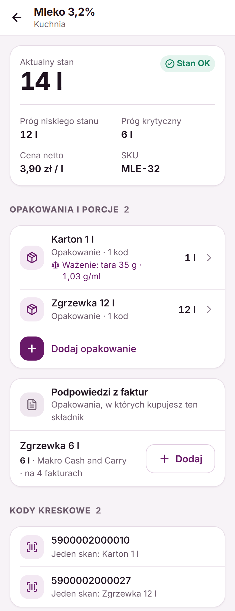 Karta składnika „Mleko 3,2%”: aktualny stan, progi, cena, opakowania z ważeniem, podpowiedzi z faktur i kody kreskowe