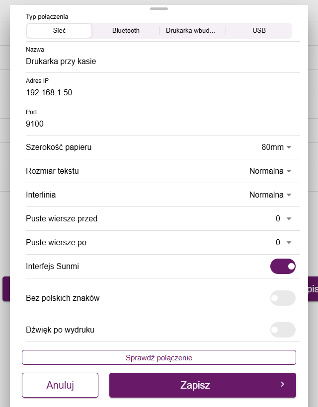 Okno dodawania drukarki sieciowej z nazwą, adresem IP i portem