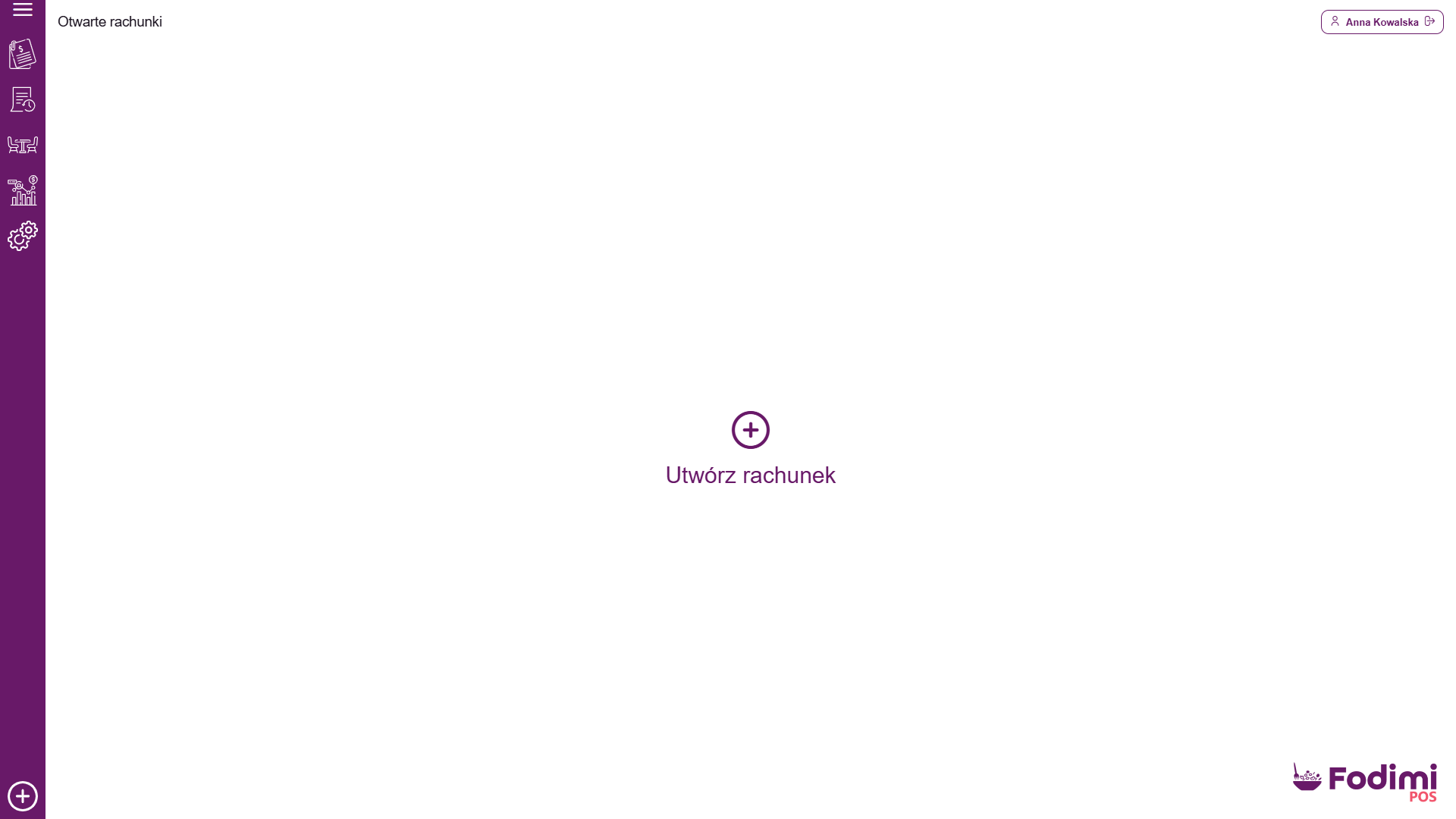 Pusta lista otwartych rachunków z przyciskiem Utwórz rachunek