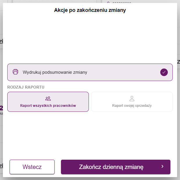 Okno Akcje po zakończeniu zmiany z opcją wydruku podsumowania