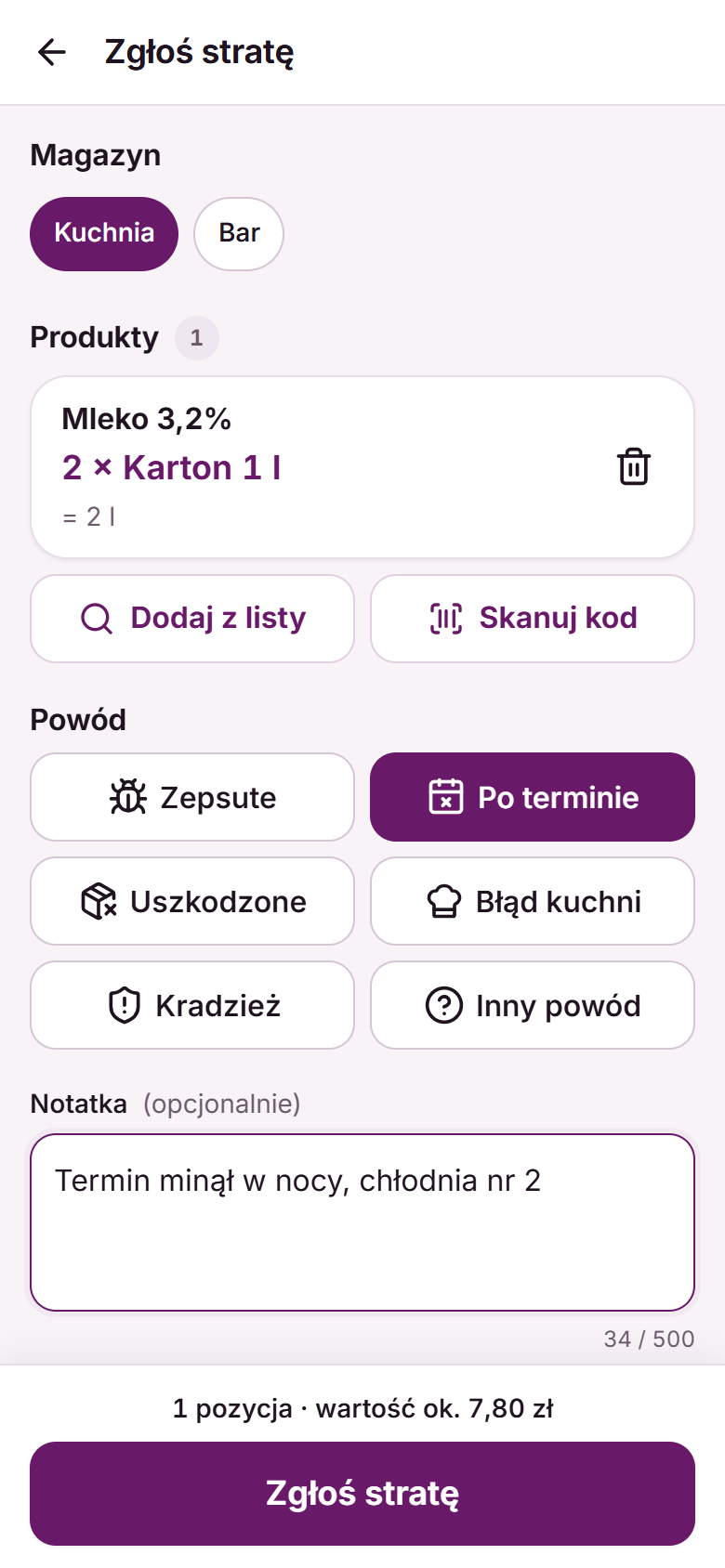 Formularz Zgłoś stratę w aplikacji Fodimi Magazyn