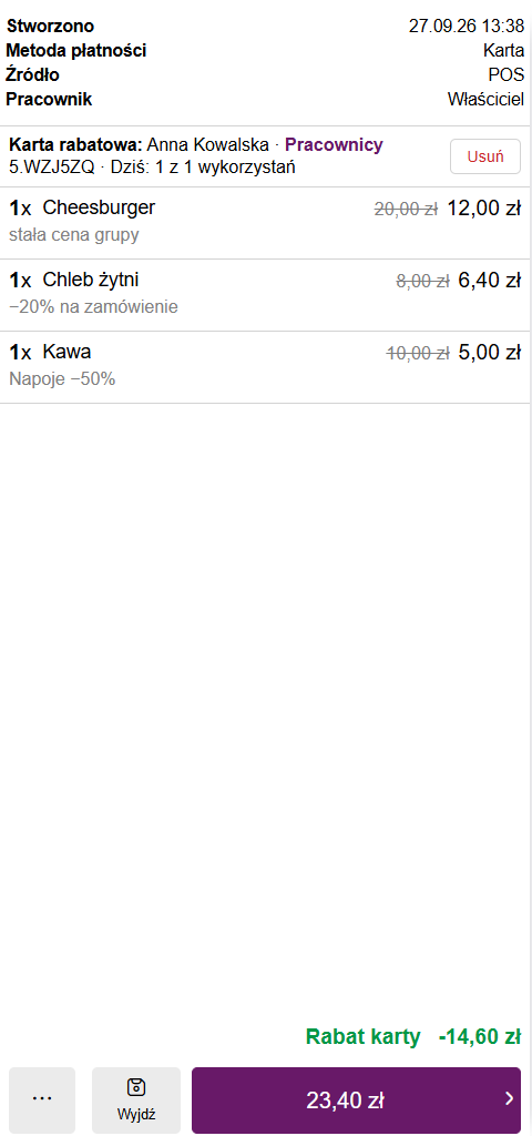 Rachunek na POS z naliczoną kartą