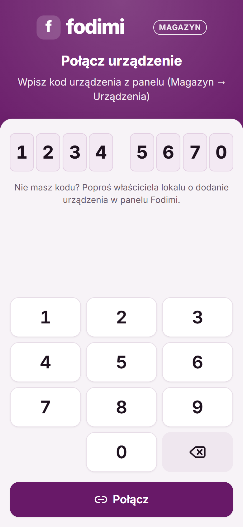 Ekran Połącz urządzenie z wpisanym 8-cyfrowym kodem