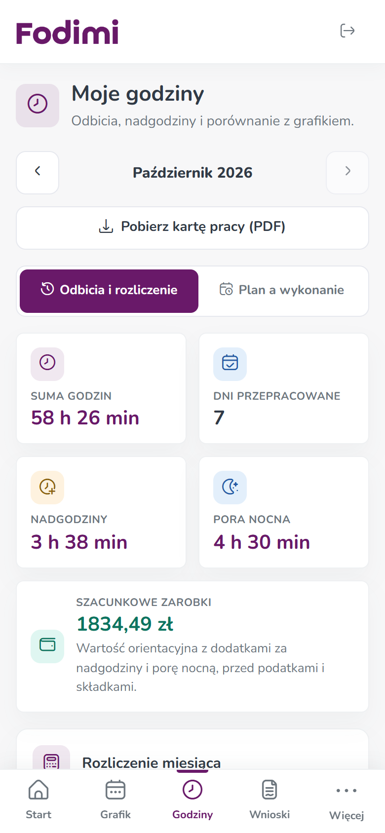 Moje godziny na telefonie — suma godzin, dni przepracowane, nadgodziny, pora nocna i szacunkowe zarobki