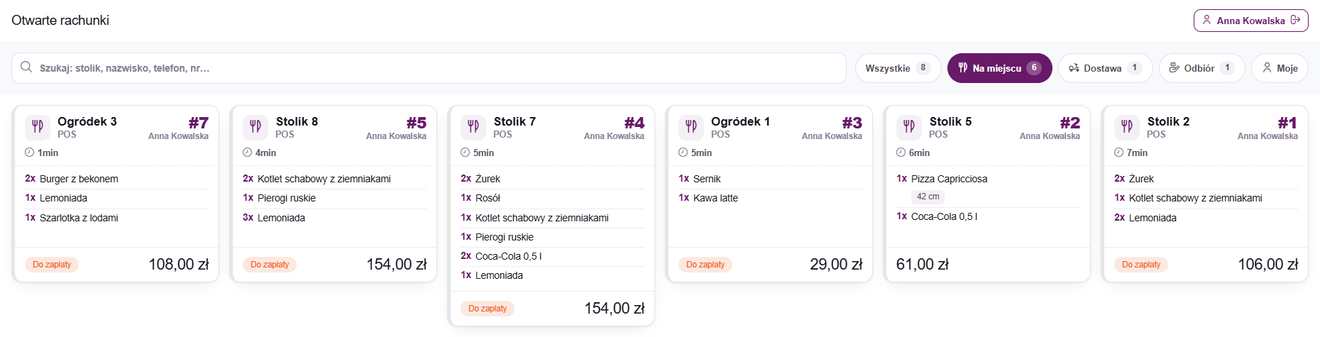 Filtr „Na miejscu” na liście otwartych rachunków
