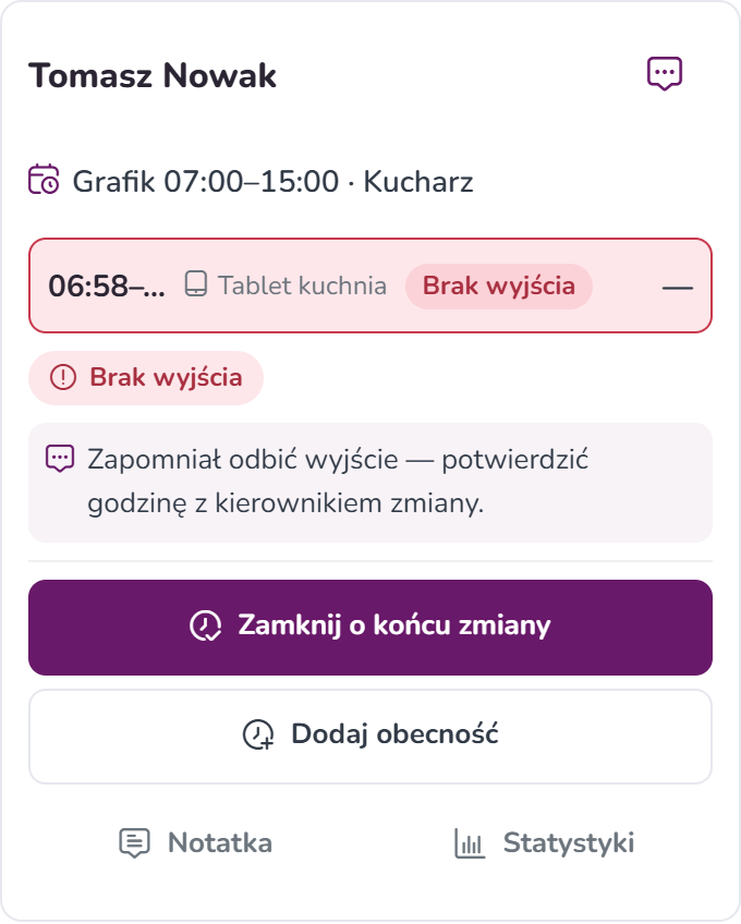 Karta pracownika na telefonie ze znaczkiem Brak wyjścia i przyciskiem Zamknij o końcu zmiany