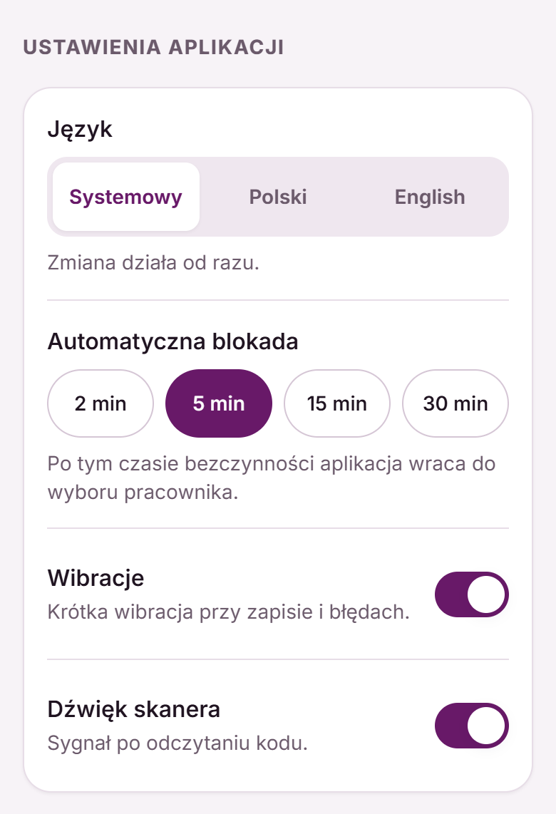 Sekcja Ustawienia aplikacji z językiem, automatyczną blokadą, wibracjami i dźwiękiem skanera