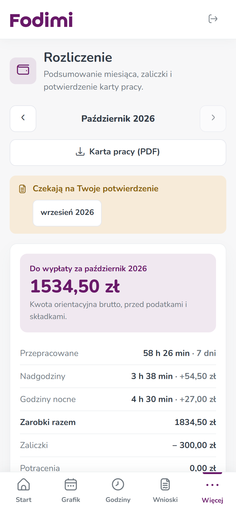 Panel pracownika na telefonie: Rozliczenie za październik 2026, do wypłaty 1534,50 zł, nadgodziny +54,50 zł, godziny nocne +27,00 zł, zaliczki −300 zł