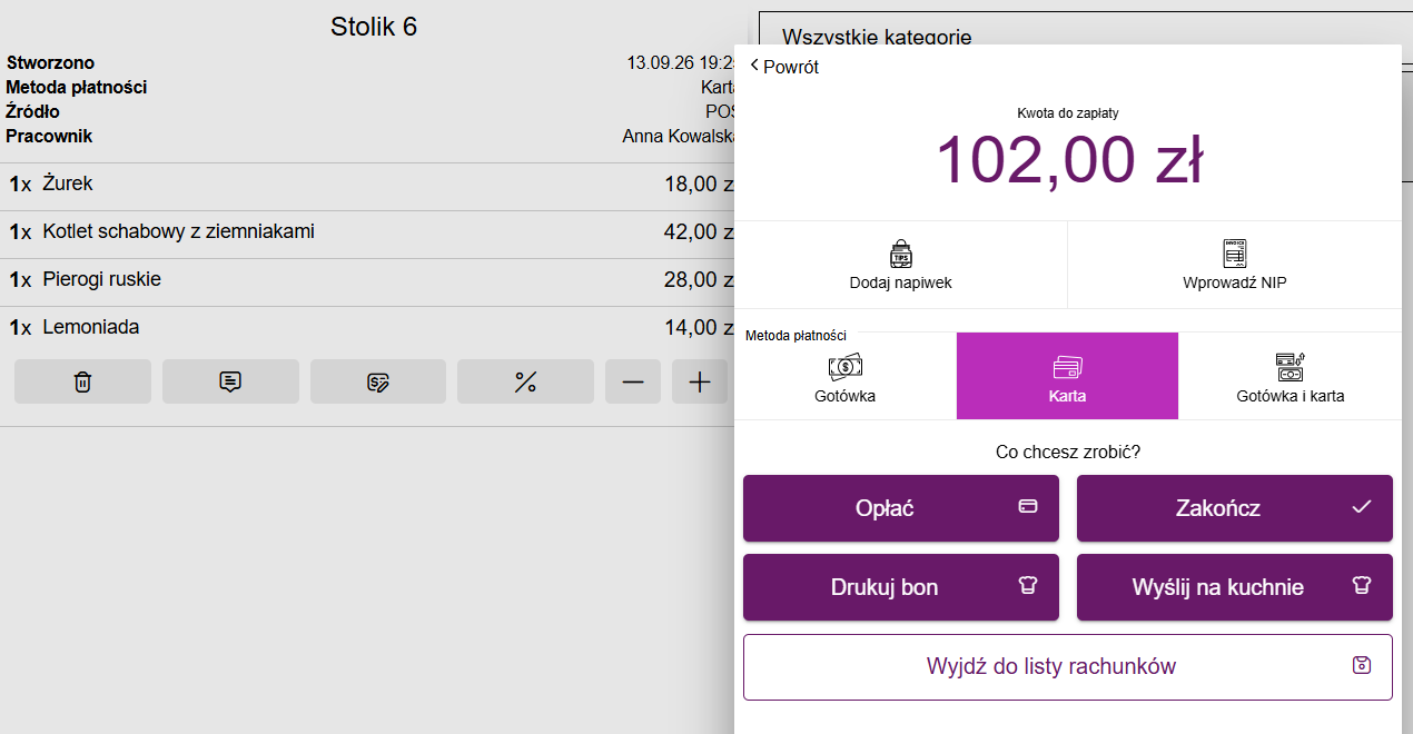 Ekran płatności z przyciskiem Wyślij na kuchnie