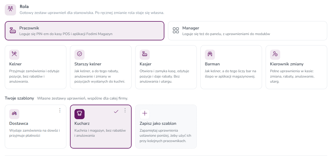 Sekcja Twoje szablony w formularzu pracownika z zaznaczonym szablonem Kucharz