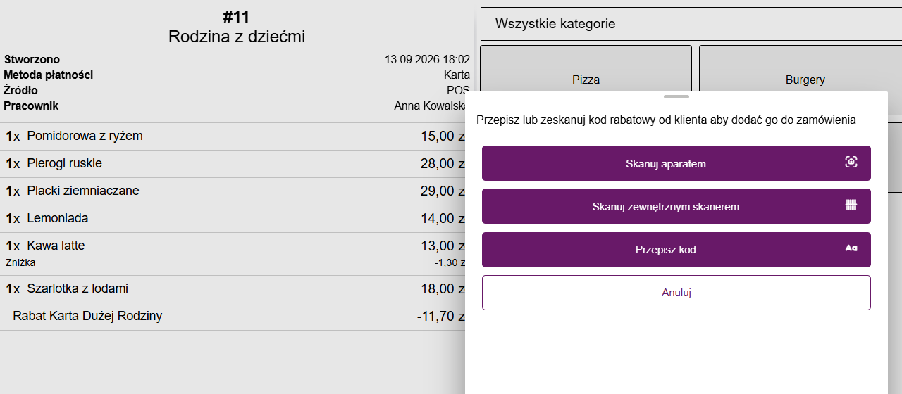 Okno Dodaj kod rabatowy z przyciskami Skanuj aparatem, Skanuj zewnętrznym skanerem i Przepisz kod