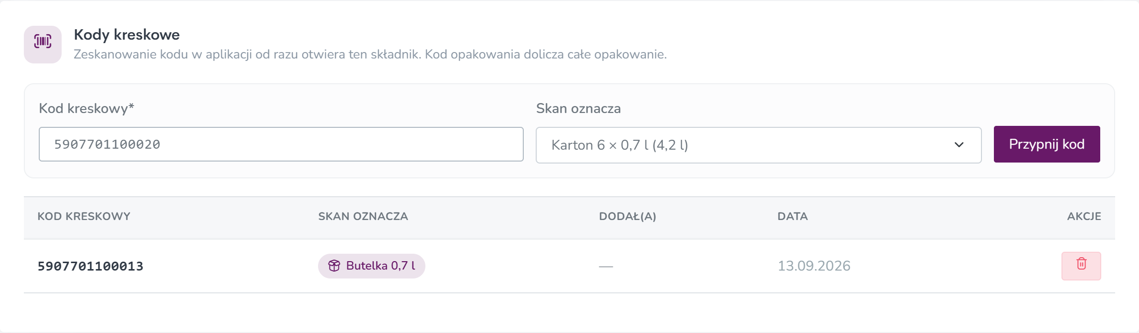 Przypinanie kodu kreskowego do opakowania