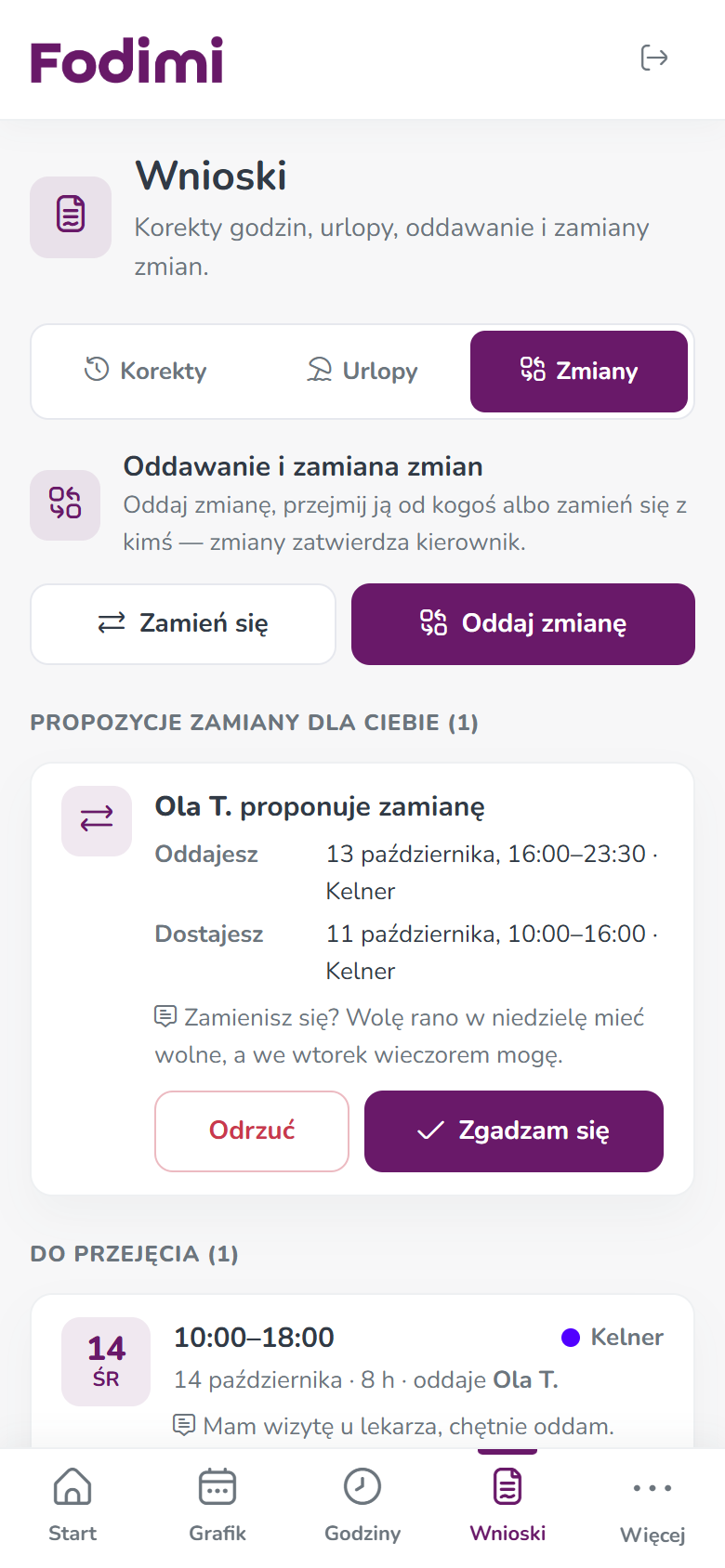 Zakładka Zmiany — propozycja zamiany od Oli T. z przyciskami Odrzuć i Zgadzam się oraz zmiana do przejęcia z przyciskiem Przejmij