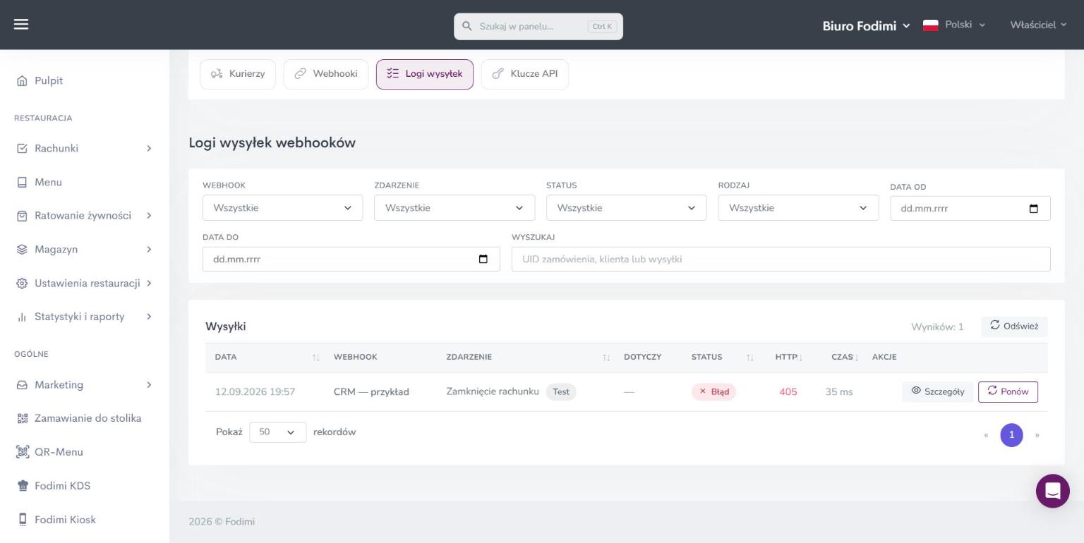 Logi wysyłek webhooków z wpisem zakończonym błędem