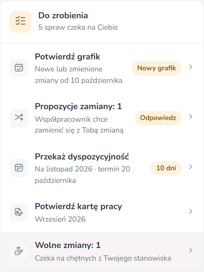 Karta Do zrobienia — lista spraw: potwierdź grafik, propozycja zamiany, przekaż dyspozycyjność, potwierdź kartę pracy