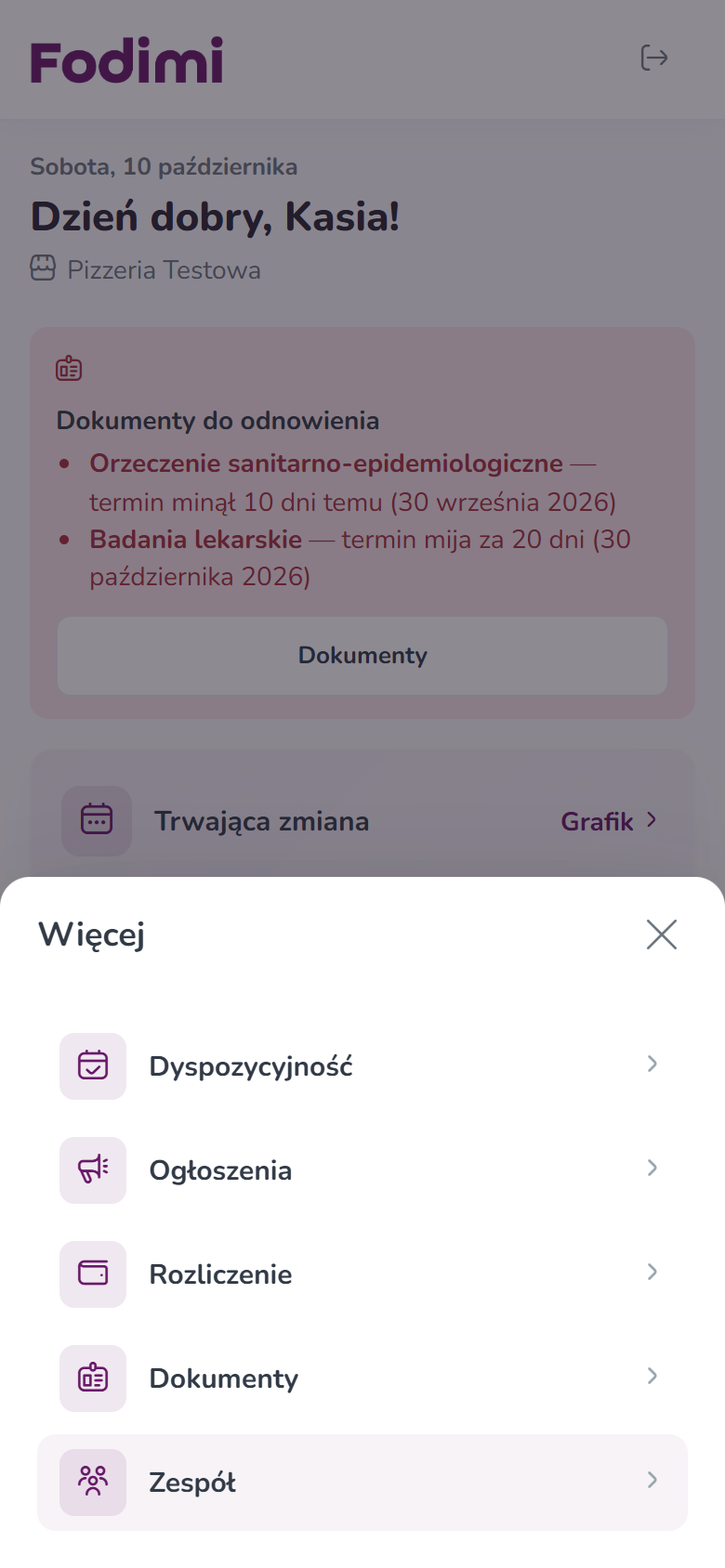 Menu Więcej na telefonie — Dyspozycyjność, Ogłoszenia, Rozliczenie, Dokumenty, Zespół