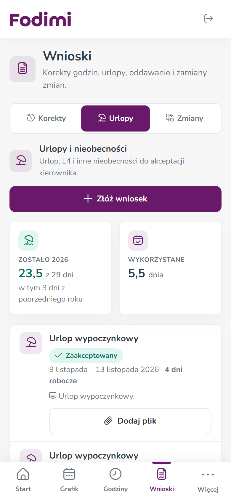 Zakładka Urlopy — przycisk Złóż wniosek, kafelki Zostało 2026 i Wykorzystane oraz lista wniosków