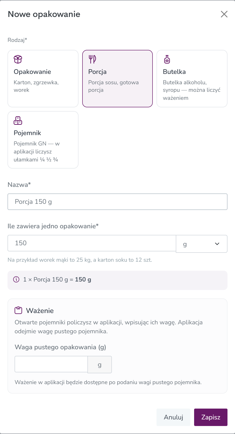 Formularz „Nowe opakowanie”