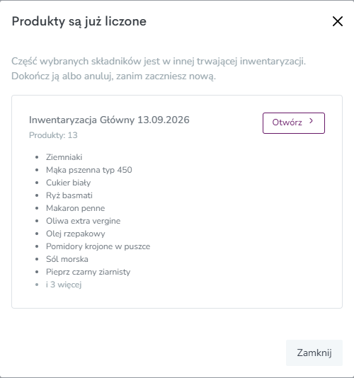 Okno Produkty są już liczone