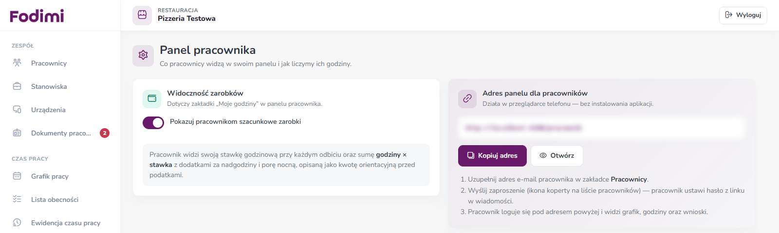 Strona Panel pracownika: Widoczność zarobków i Adres panelu dla pracowników