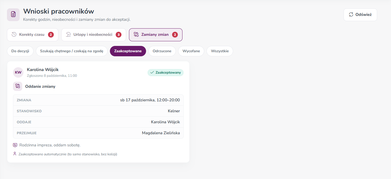 Zaakceptowane oddanie zmiany z dopiskiem Zaakceptowano automatycznie