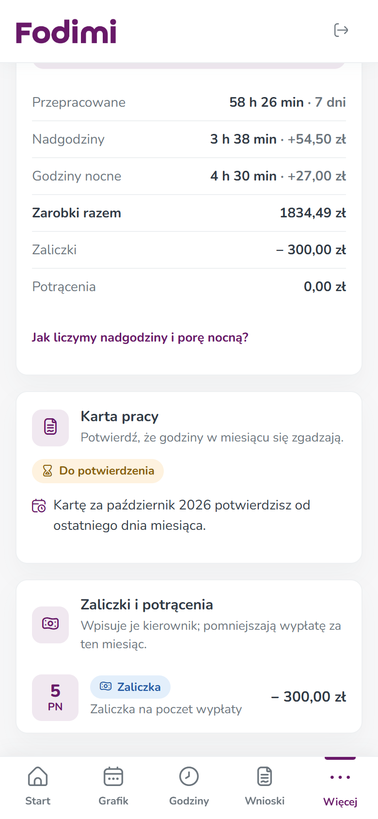Panel pracownika na telefonie: podsumowanie miesiąca z zaliczką −300 zł i lista Zaliczki i potrącenia z pozycją Zaliczka z 5 października