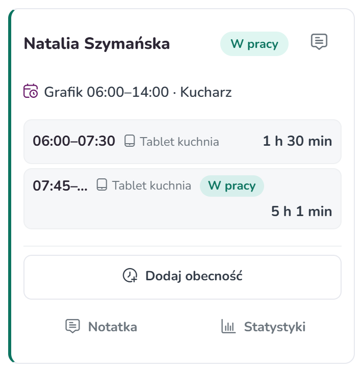 Karta pracownika na telefonie z grafikiem, odbiciami i znaczkiem W pracy