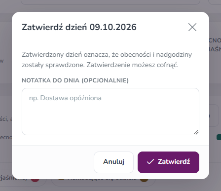 Okno Zatwierdź dzień z polem Notatka do dnia